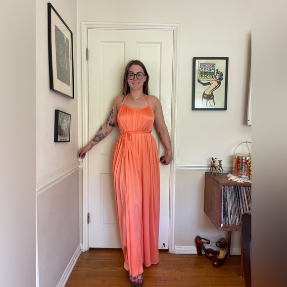 70s Vintage Halston Orange Pleated Gown - Picture 1 of 9